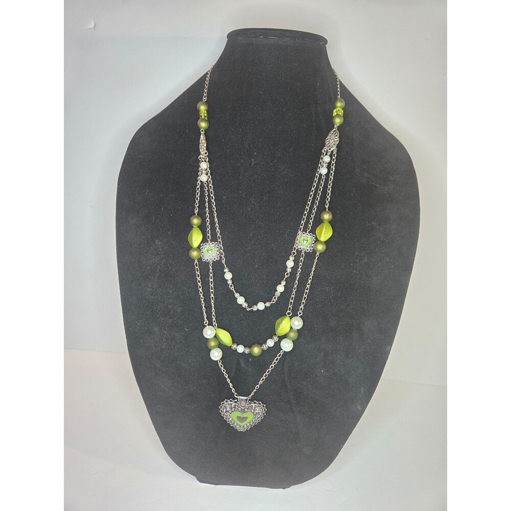 Silver Tone Long Layered Necklace Green Heart Pendant Beads Adjustable Length